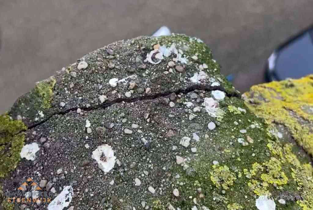 Beschadigde en verweerde nokvorst met scheuren en mos in Steenwijk